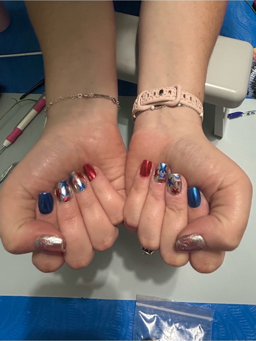 Patriotic Red, Blue & Silver Star Press-On Nails